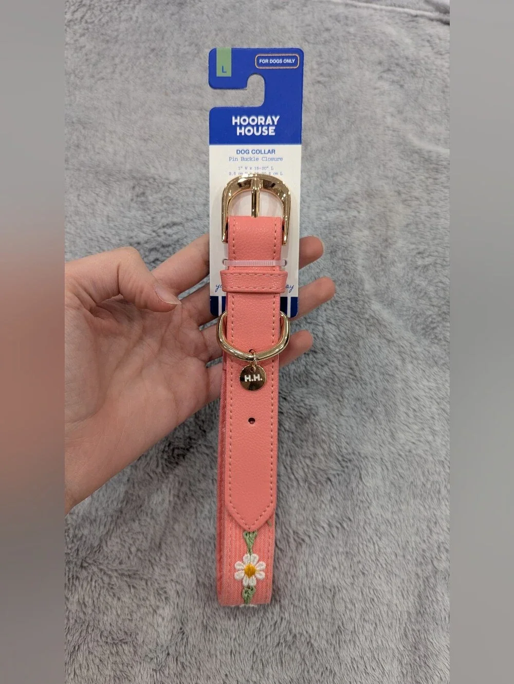 Hooray House Coral Pink Daisy Embroidered Dog Collar with Gold Hardware
